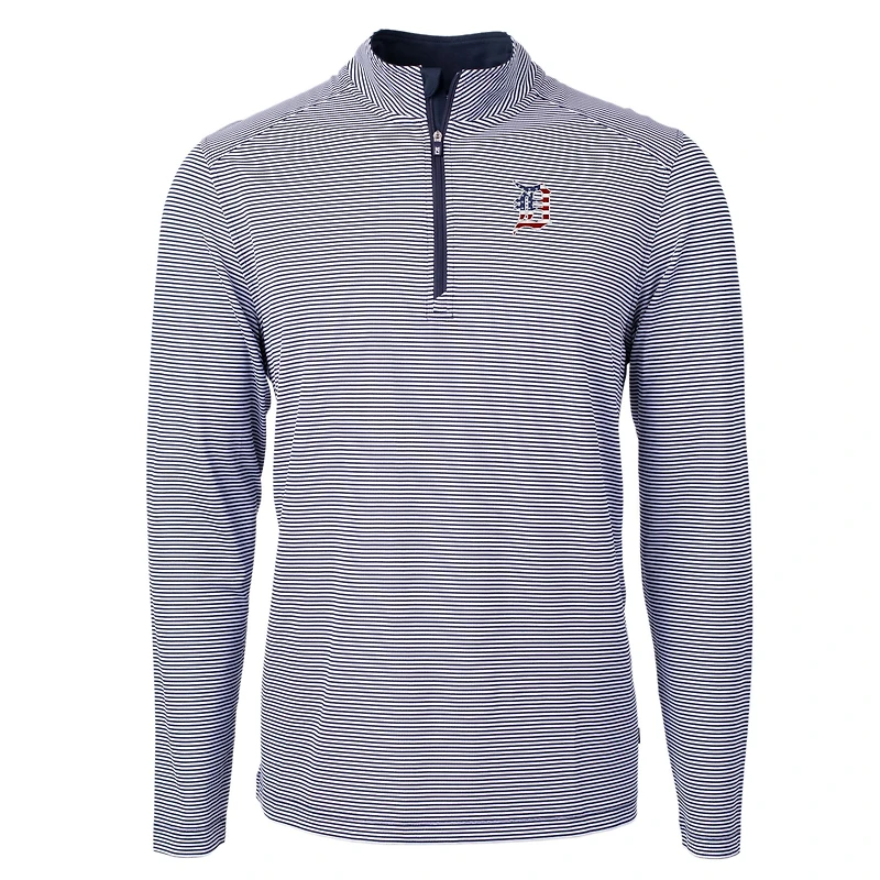 Men's Cutter & Buck  Navy Detroit Tigers Americana Logo Virtue Eco Pique Stripe Recycled Quarter-Zip Pullover Top
