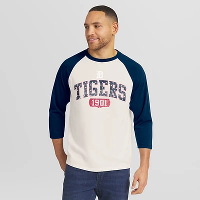 T-shirt raglan à manches 3/4 pour homme, collection Darius Rucker par Fanatics, couleur crème/marine, Detroit Tigers, style Americana.
