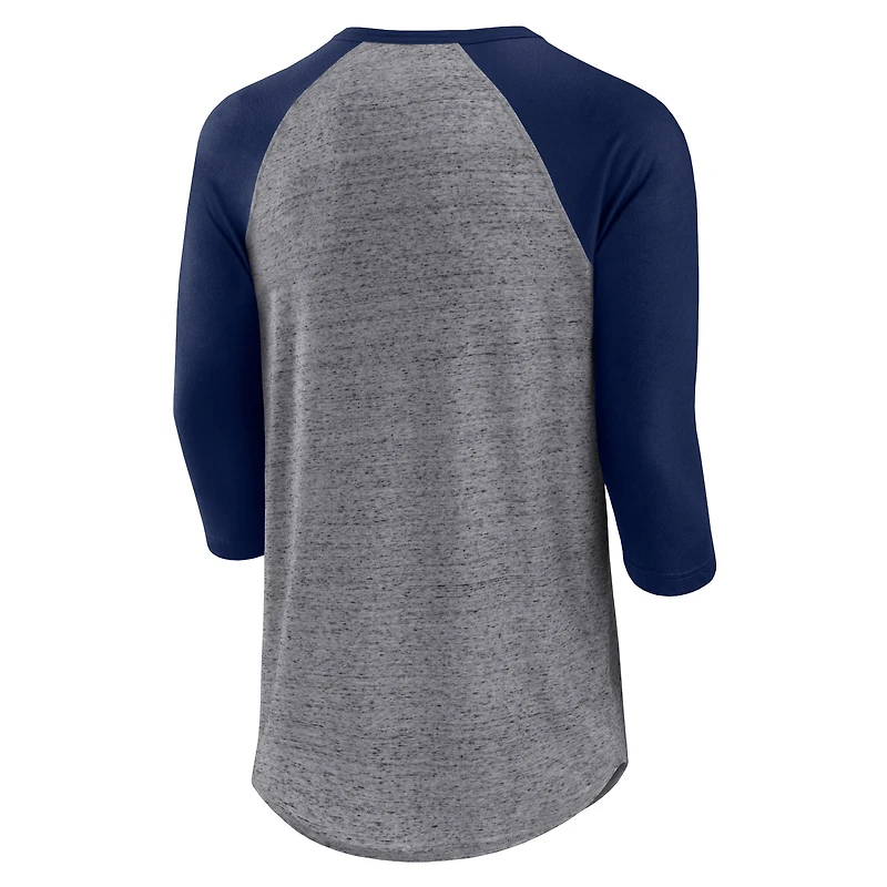 Fanatics pour hommes gris chiné/marine Detroit Tigers emblématique au-dessus de la chaleur mouchetée Raglan Henley T-shirt à manches 3/4