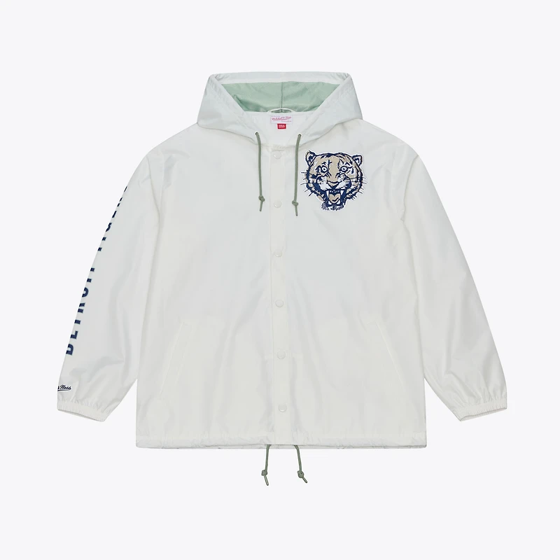Men's Mitchell & Ness White Detroit Tigers Yacht Rock Coaches Full-Snap Hooded Windbreaker Jacket