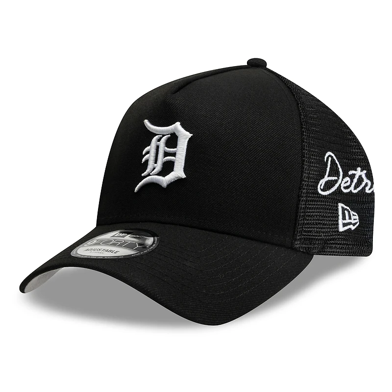 Men's New Era Black Detroit Tigers Side Script 9FORTY A-Frame Trucker Adjustable Hat
