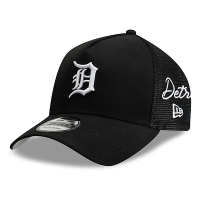 Men's New Era Black Detroit Tigers Side Script 9FORTY A-Frame Trucker Adjustable Hat