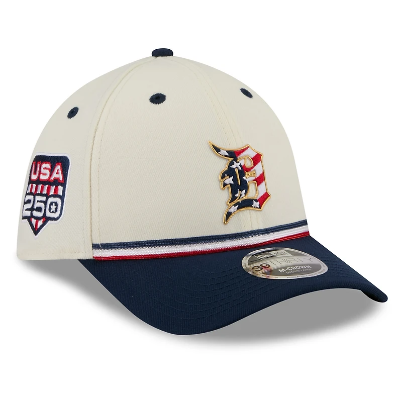 Casquette New Era pour homme, crème/marine, Detroit Tigers USA 250, édition spéciale 4 juillet, modèle 39THIRTY M-Crown Flex