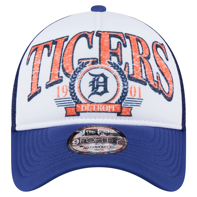 Casquette de camionneur ajustable New Era 9FORTY A-Frame blanche/bleu marine pour homme, motif Detroit Tigers