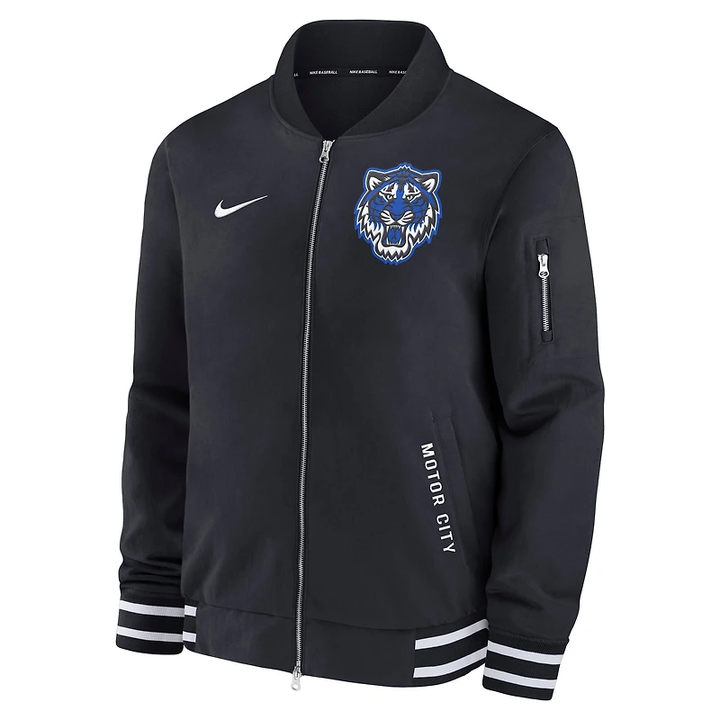 Veste aviateur entièrement zippée Nike City Connect pour homme, collection authentique des Detroit Tigers, noire