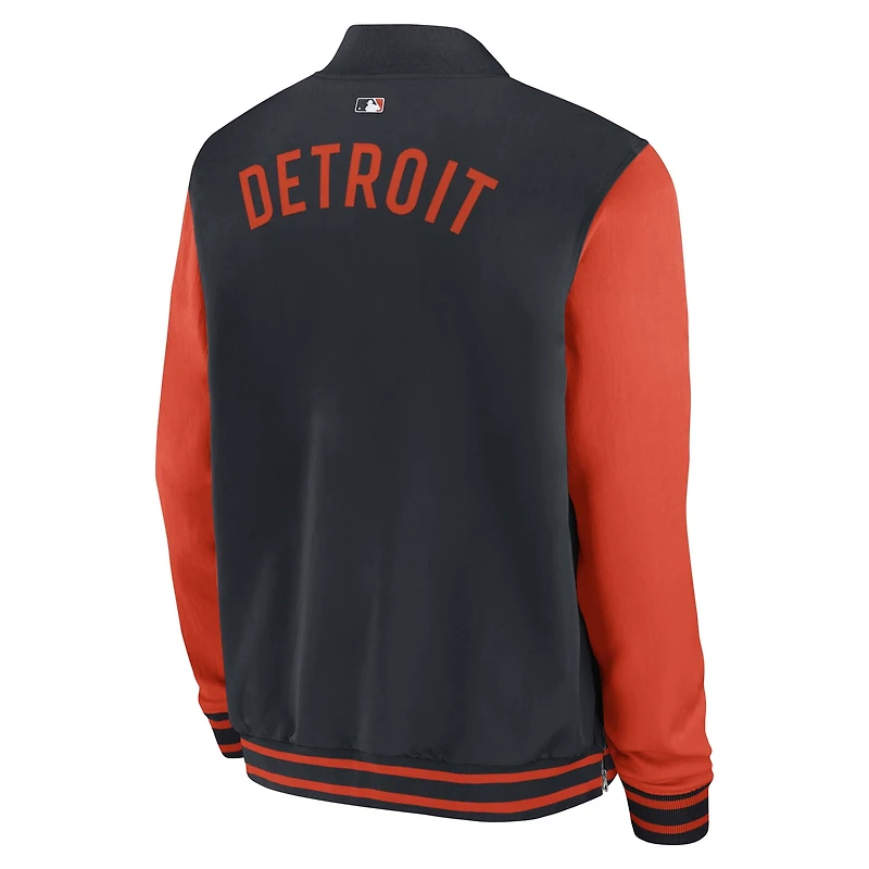 Veste aviateur Nike bleu marine/orange Detroit Tigers Authentic Collection Dugout pour homme, coupe décontractée, entièrement zippée