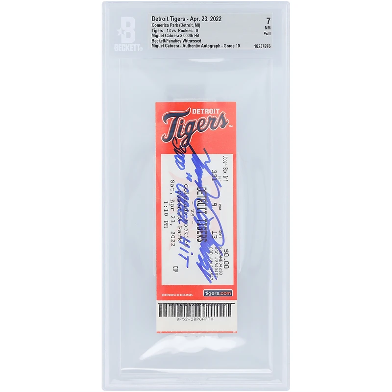 Miguel Cabrera, des Detroit Tigers, a autographié son 3 000e coup sûr. Les fans de Beckett ont été témoins d'un billet authentifié 7/10 du 23 avril 2022 avec l'inscription « 3 000e coup sûr en carrière ».