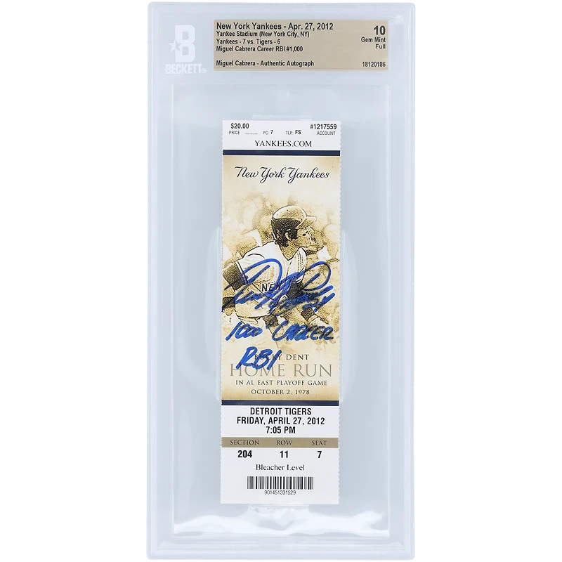 Billet Beckett autographié par Miguel Cabrera des Detroit Tigers, billet Gem Mint 10 authentifié du 27 avril 2012 avec l'inscription « 1000 Career RBI »
