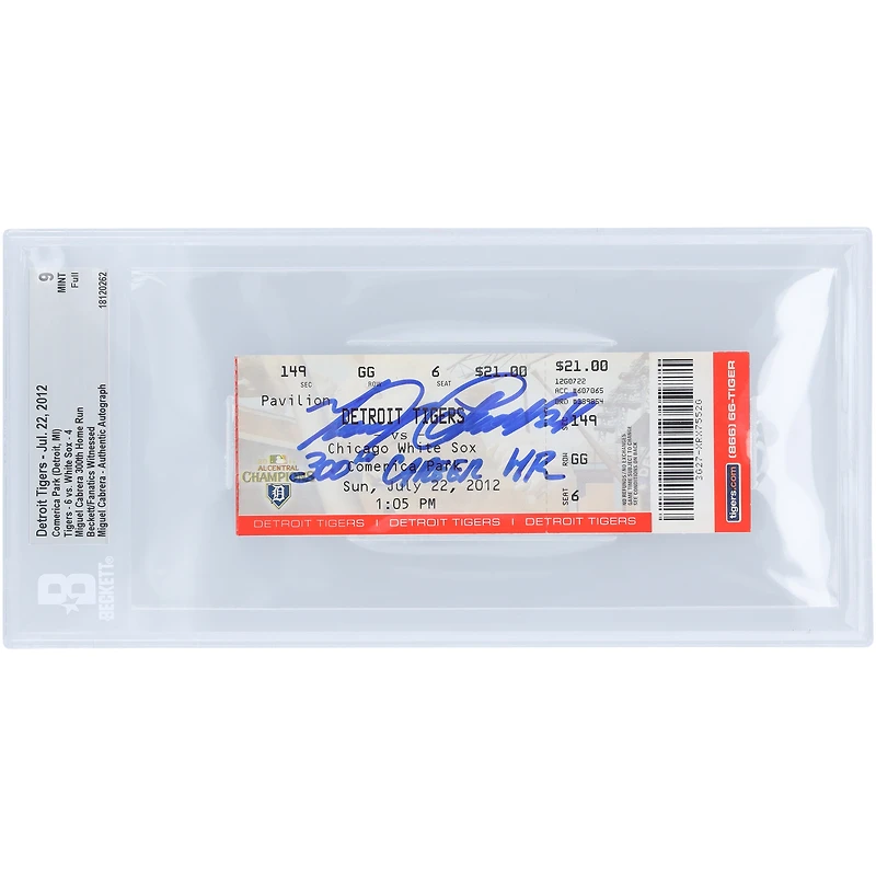 Miguel Cabrera Detroit Tigers Autographed Beckett Fanatics Witnessed Authenticated Mint 9 Ticket from July 22, 2012 with "300th Career HR" Inscription