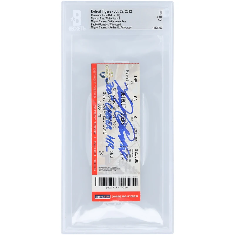 Miguel Cabrera Detroit Tigers Autographed Beckett Fanatics Witnessed Authenticated Mint 9 Ticket from July 22, 2012 with "300th Career HR" Inscription