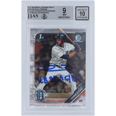 Carte de recrue 9/10 authentifiée signée Riley Greene Detroit Tigers 2019 Bowman Chrome Draft #BDC-50 Beckett Fanatics Witnessed avec l'inscription "MLB DEBUT 6/18/22"