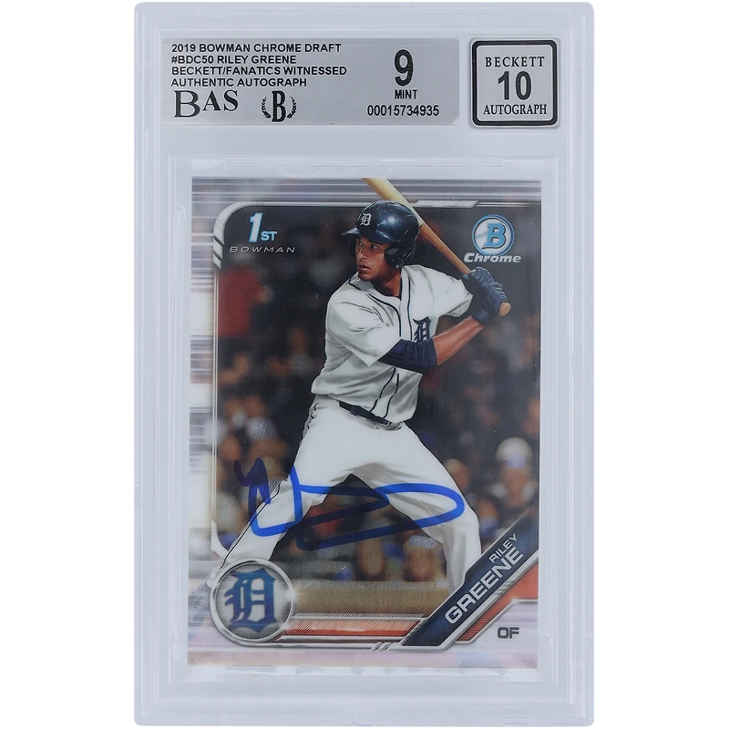 Carte de recrue 9/10 authentifiée signée Riley Greene par les Detroit Tigers, Bowman Chrome Draft 2019 #BDC-50, présentée par les fanatiques de Beckett