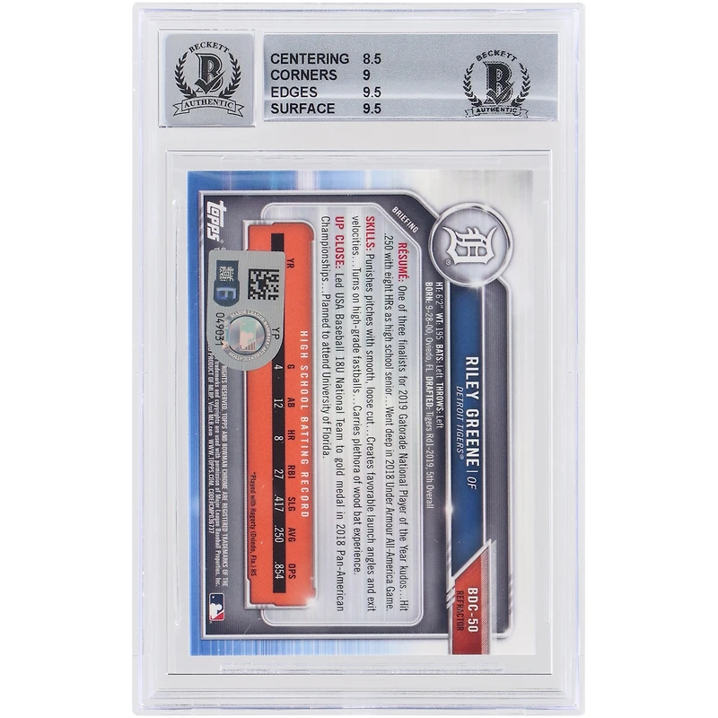 Riley Greene Detroit Tigers Autographed 2019 Bowman Chrome MLB Refractor #BDC-50 Beckett Fanatics Witnessed Authenticated 9/10 Card