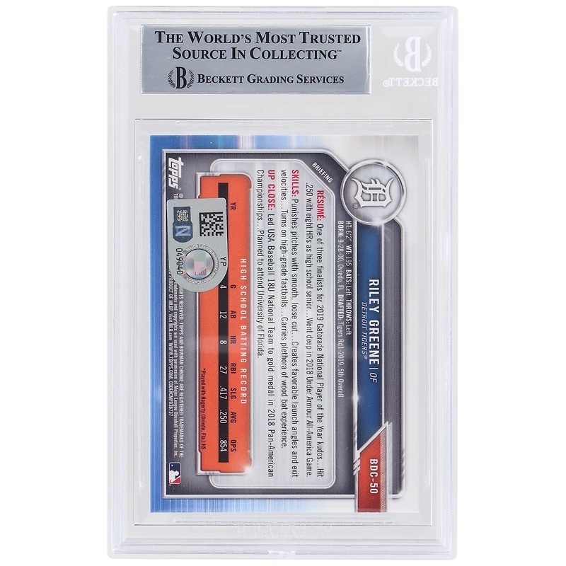 Riley Greene Detroit Tigers Autographed 2019 Bowman Draft Chrome 1st Bowman #BDC-50 Beckett Fanatics Witnessed Authenticated Card with "Tiger Cubs" Inscription