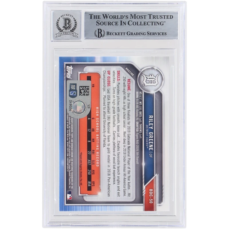 Riley Greene Detroit Tigers Autographed 2019 Bowman Draft Chrome MLB 1st Bowman #BDC-50 Beckett Fanatics Witnessed Authenticated 10 Card