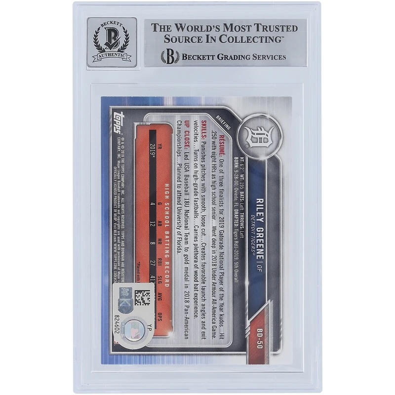 Riley Greene Detroit Tigers Autographed 2019 Bowman Draft #BD-50 Beckett Fanatics Witnessed Authenticated /10 Card