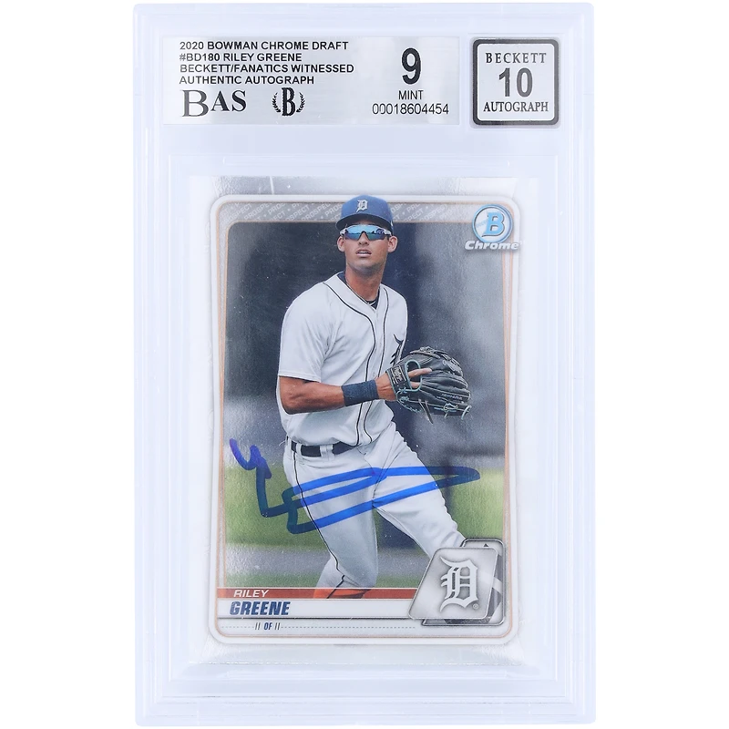 Carte autographiée de Riley Greene (Detroit Tigers) - Topps Chrome Draft 2020 n° BD-180 - Authentifiée par Beckett Fanatics Witnessed (9/10)
