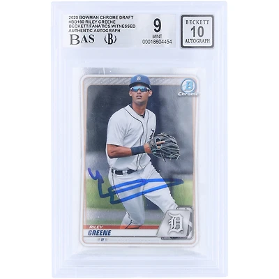 Riley Greene Detroit Tigers Autographed 2020 Topps Chrome Draft #BD-180 Beckett Fanatics Witnessed Authenticated 9/10 Card