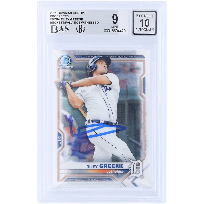 Carte autographiée de Riley Greene (Detroit Tigers) 2021 Topps Bowman Chrome Prospect #BCP-4, authentifiée Beckett Fanatics Witnessed (9/10).