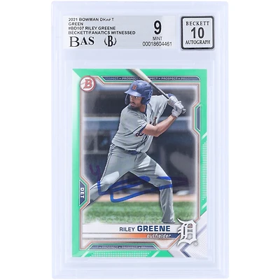 Riley Greene Detroit Tigers Autographed 2021 Topps Bowman Draft Green #BD-107 #/99 Beckett Fanatics Witnessed Authenticated 9/10 Card