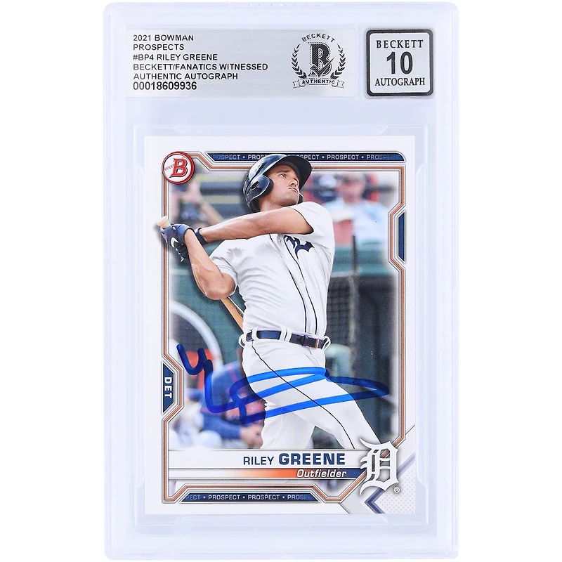 Riley Greene Detroit Tigers Autographed 2021 Topps Bowman Prospect #BP-4 Beckett Fanatics Witnessed Authenticated 10 Card