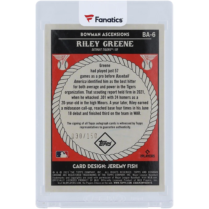 Riley Greene Detroit Tigers Autographed 2023 Topps Bowman Chrome Ascensions #BA-6 #30/150 Rookie Card
