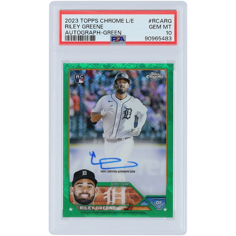 Carte recrue autographiée de Riley Greene (Detroit Tigers), Topps Chrome Logofractor 2023, réfractaire vert, n° RCA-RG, n° 68/99, authentifiée PSA 10.