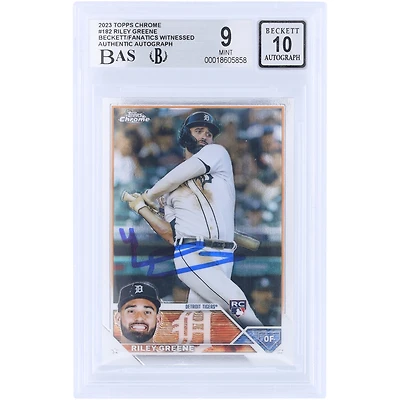 Carte de recrue autographiée de Riley Greene (Detroit Tigers) 2023 Topps Chrome n° 182, authentifiée Beckett Fanatics Witnessed (9/10).