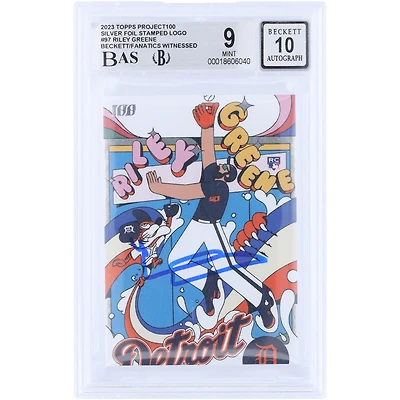 Carte de recrue autographiée de Riley Greene (Detroit Tigers), Topps Project 100 2023, n° 97/299, authentifiée par Beckett Fanatics Witnessed (9/10).