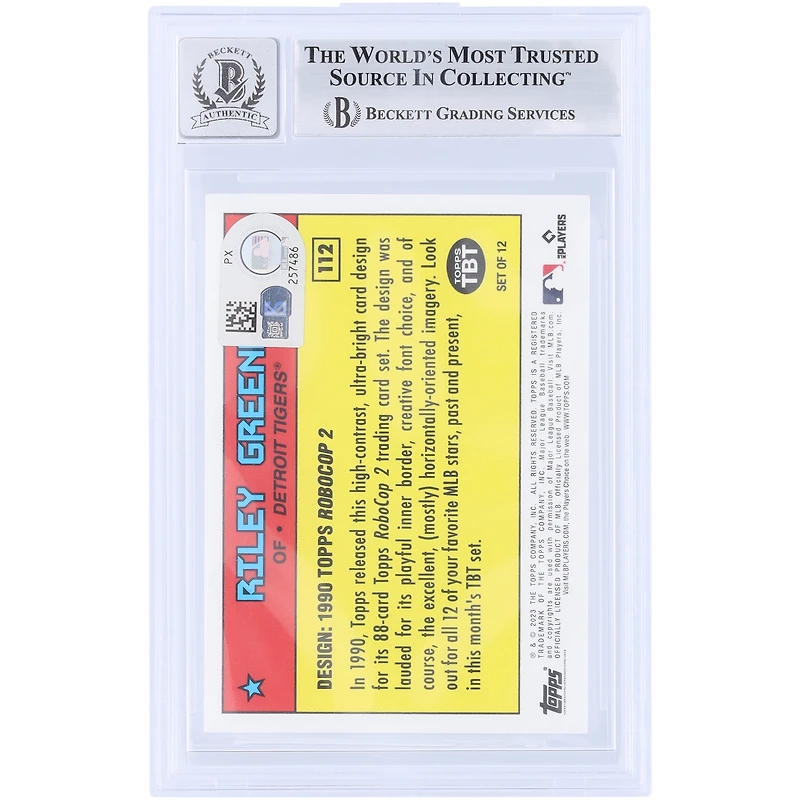 Carte de recrue autographiée de Riley Greene (Detroit Tigers), modèle Topps TBT 2023 : Robocop 2 de 1990, n° 112, authentifiée par Beckett Fanatics Witnessed (note : 9/10).