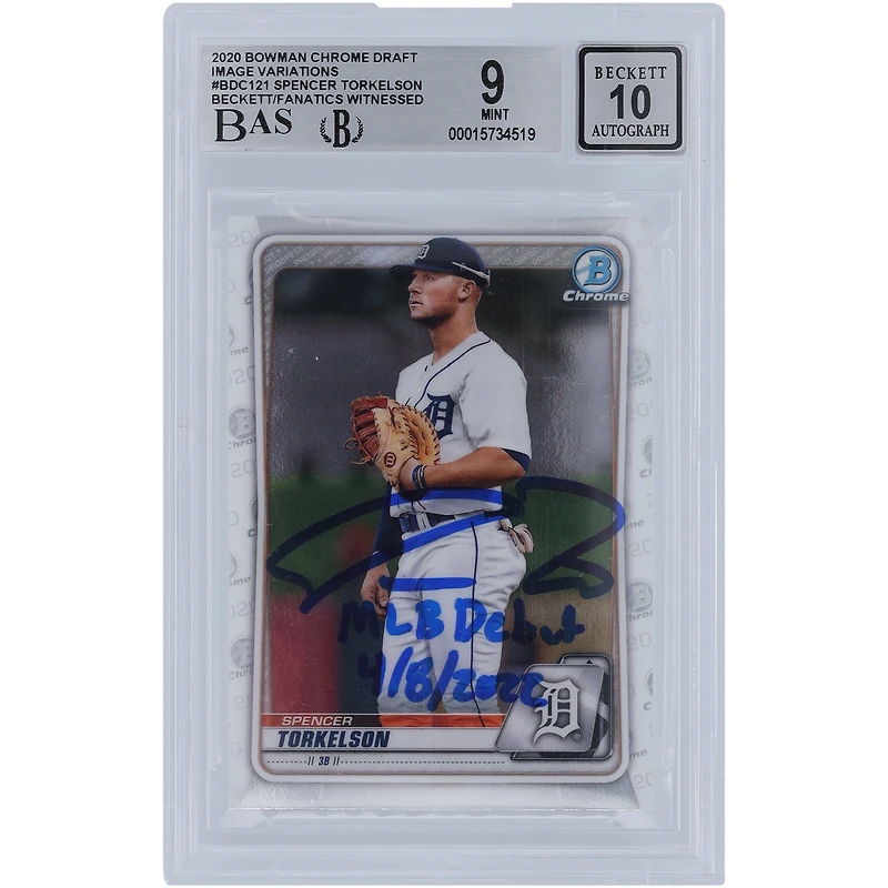 Spencer Torkelson Detroit Tigers Autographed 2020 Bowman Chrome Draft Image Variation #BDC-121 Beckett Fanatics Witnessed Authenticated 9/10 Rookie Card with "MLB Debut 4/8/2022" Inscription