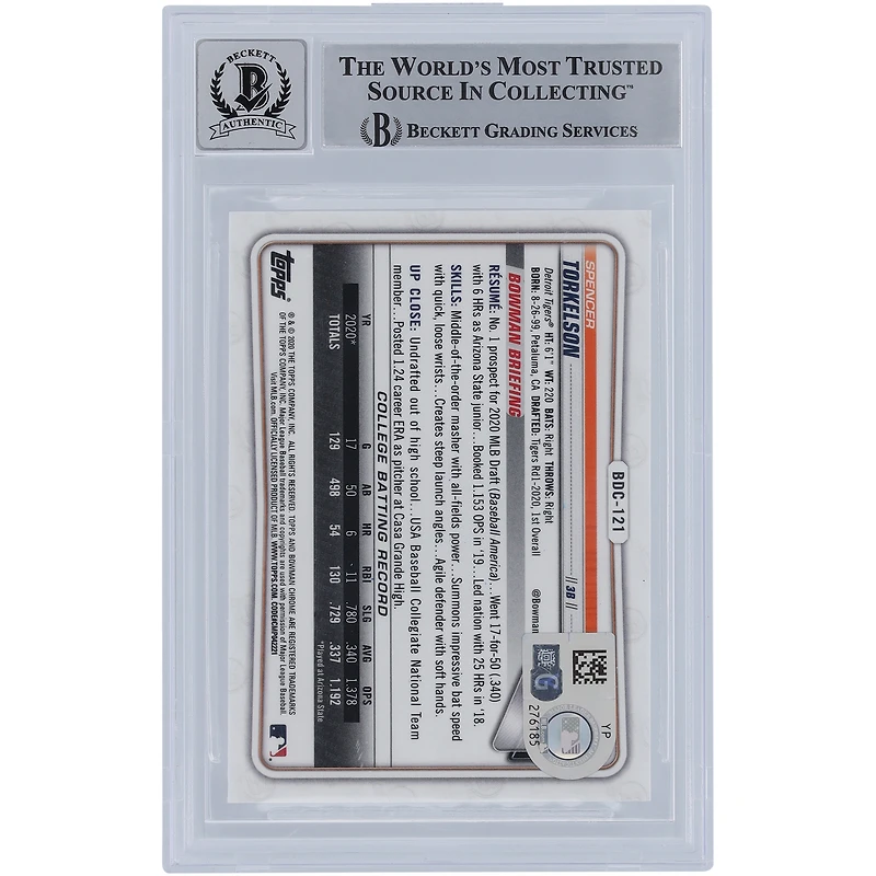 Spencer Torkelson Detroit Tigers Autographed 2020 Bowman Chrome Draft Image Variation #BDC-121 Beckett Fanatics Witnessed Authenticated 9/10 Rookie Card with "MLB Debut 4/8/2022" Inscription