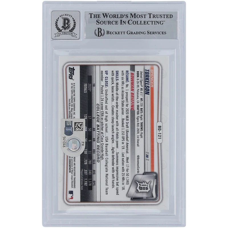 Spencer Torkelson Detroit Tigers Autographié 2020 Bowman Chrome Draft #BD-121 Beckett Fanatics Witnessed Authenticated 10 Card