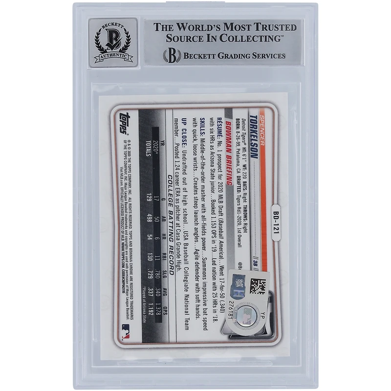 Spencer Torkelson Detroit Tigers Autographed 2020 Bowman Chrome Draft #BD-121 Beckett Fanatics Witnessed Authenticated 9/10 Rookie Card with "MLB Debut 4/8/2022" Inscription
