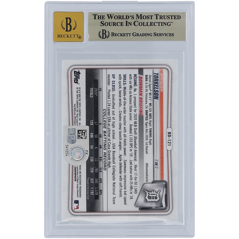 Spencer Torkelson Detroit Tigers Autographed 2020 Bowman Chrome Draft #BD-121 Beckett Fanatics Witnessed Authenticated 9.5/10 Card