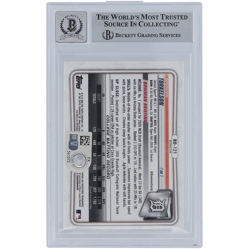 Spencer Torkelson Detroit Tigers Autographed 2020 Bowman Chrome Draft Refractors #BD-121 Beckett Fanatics Witnessed Authenticated /10 Card