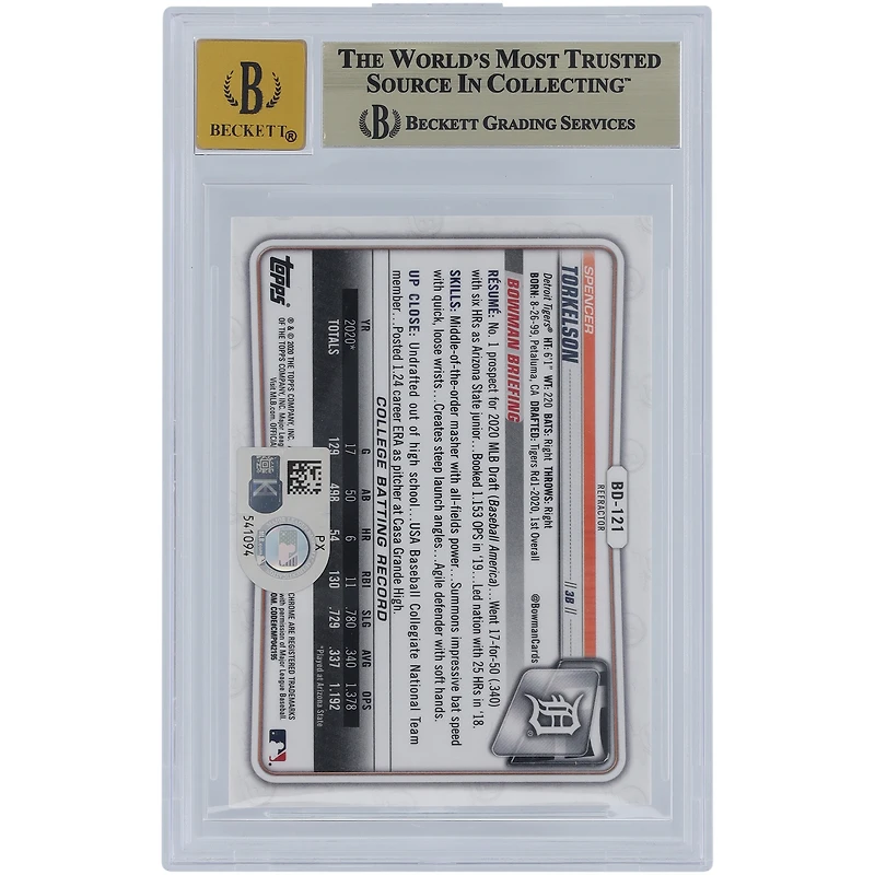 Spencer Torkelson Detroit Tigers Autographed 2020 Bowman Chrome Draft Refractors #BD-121 Beckett Fanatics Witnessed Authenticated 9.5/10 Card