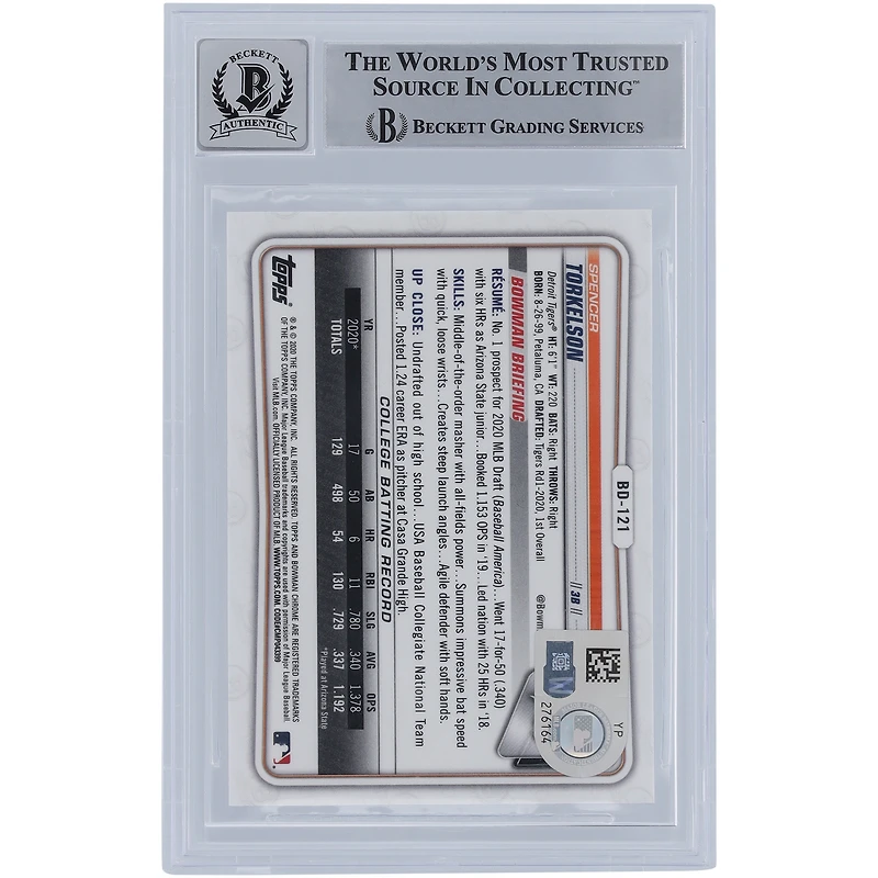 Spencer Torkelson Detroit Tigers Autographed 2020 Bowman Chrome Draft Sapphire #BD-121 Beckett Fanatics Witnessed Authenticated 9/10 Rookie Card with "MLB Debut 4/8/2022" Inscription