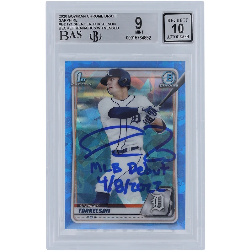 Spencer Torkelson Detroit Tigers Autographed 2020 Bowman Chrome Draft Sapphire #BD-121 Beckett Fanatics Witnessed Authenticated 9/10 Rookie Card with "MLB Debut 4/8/2022" Inscription