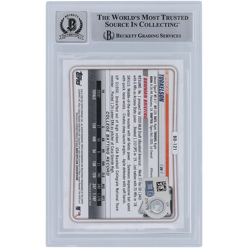 Spencer Torkelson Detroit Tigers Carte de recrue 9/10 authentifiée dédicacée Bowman Draft 2020 1ère édition #BD-121 Beckett Fanatics Witnessed avec l'inscription "MLB Debut 4/8/2022"