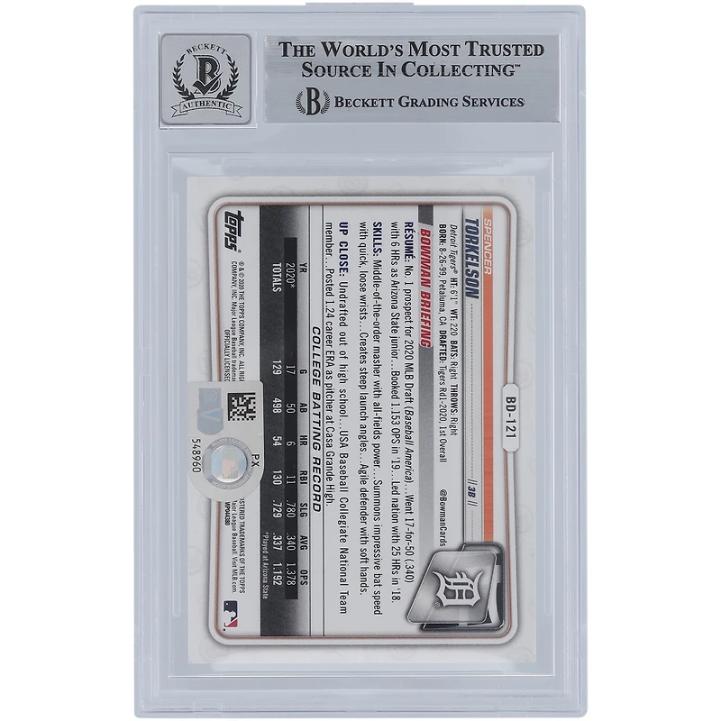 Spencer Torkelson Detroit Tigers Autographed 2020 Bowman Draft 1st Edition Sky Blue Foil #BD-121 Beckett Fanatics Witnessed Authenticated 10 Card