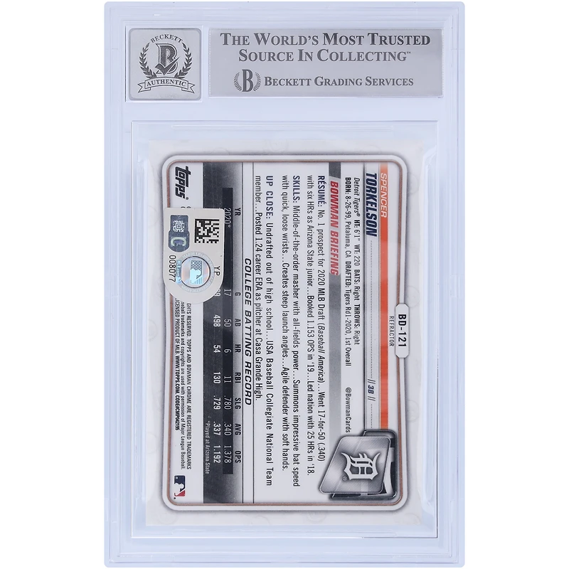 Spencer Torkelson Detroit Tigers Réfracteurs chromés MLB autographiés 2020 Bowman Draft #BD-121 Beckett Fanatics Witnessed Authenticated 10 Card
