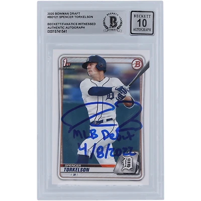 Spencer Torkelson Detroit Tigers Autographed 2020 Bowman Draft #BD-121 Beckett Fanatics Witnessed Authenticated 10 Rookie Card with "MLB Debut 4/8/2022" Inscription