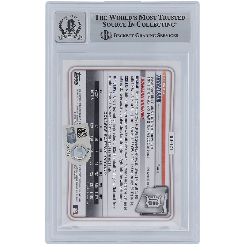 Spencer Torkelson Detroit Tigers autographié 2020 Bowman Draft #BD-121 Beckett Fanatics Witnessed Authenticated /10 Card