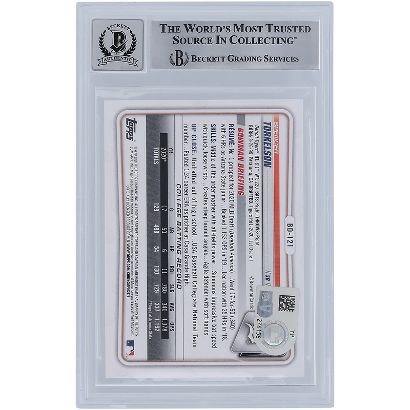 Spencer Torkelson Detroit Tigers Carte de recrue Bowman Draft 2020 autographiée #BD-121 Beckett Fanatics a été témoin d'une carte authentifiée 9/10 avec l'inscription « MLB Debut 4/8/2022 »