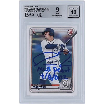 Spencer Torkelson Detroit Tigers Carte de recrue Bowman Draft 2020 autographiée #BD-121 Beckett Fanatics a été témoin d'une carte authentifiée 9/10 avec l'inscription « MLB Debut 4/8/2022 »