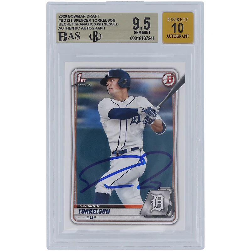 Spencer Torkelson Detroit Tigers Autographed 2020 Bowman Draft #BD-121 Beckett Fanatics Witnessed Authenticated 9.5/10 Card