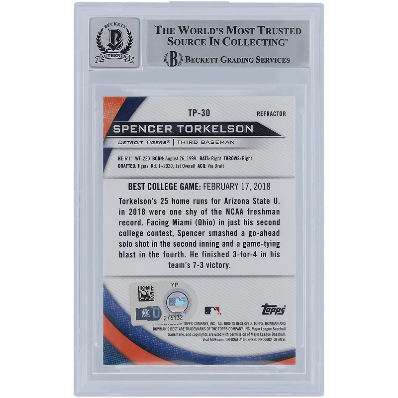 Spencer Torkelson Detroit Tigers a autographié la carte de recrue 9/10 authentifiée 2020 Bowman's Best Top Prospects Refractor #TP30 Beckett Fanatics Witnessed