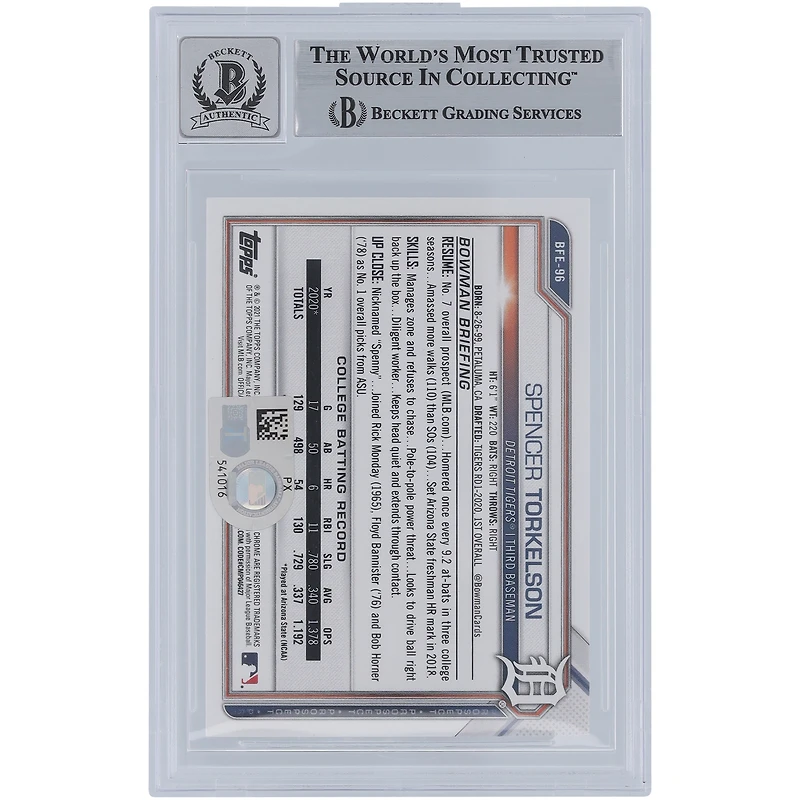 Spencer Torkelson Detroit Tigers Autographed 2021 Bowman 1st Edition #BFE-96 Beckett Fanatics Witnessed Authenticated 9/10 Card