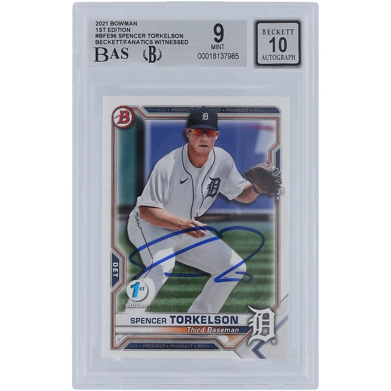 Spencer Torkelson Detroit Tigers Autographié 2021 Bowman 1ère édition #BFE-96 Beckett Fanatics Witnessed Authenticated 9/10 Card